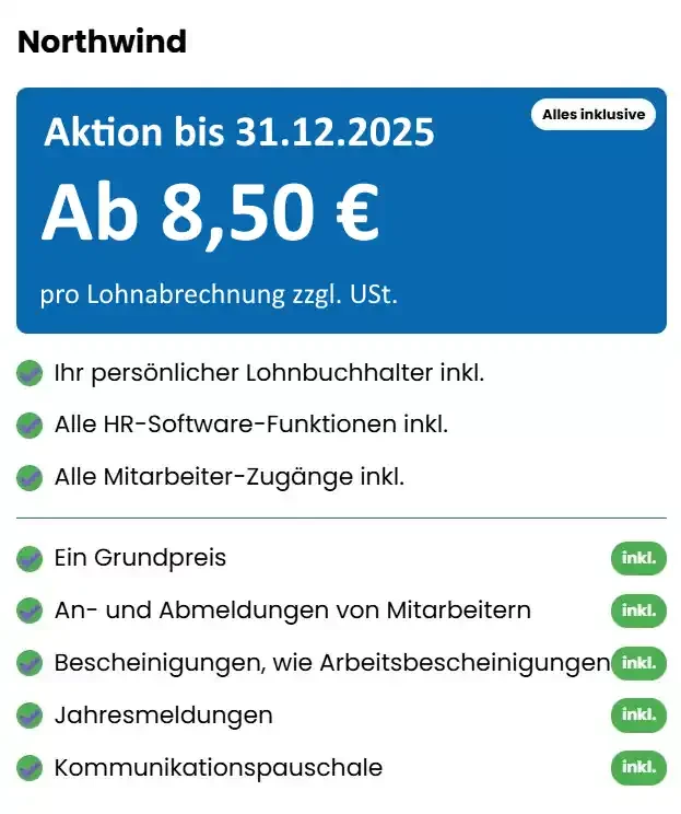 Aktion - Lohnbuchhaltung in Hamburg ab 8,50 € von Northwind - Payroll Service & HR Consulting GmbH